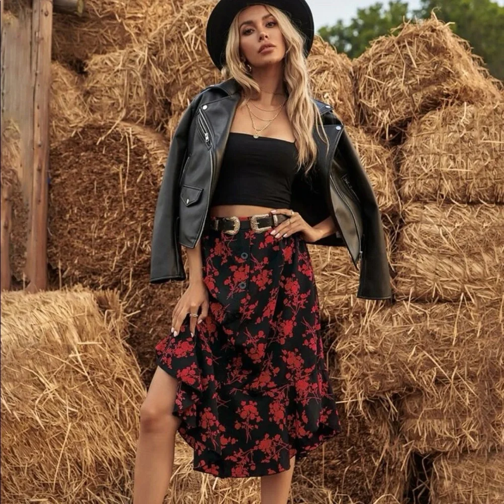 Black and red button down midi skirt floral print - Picture 4 of 5